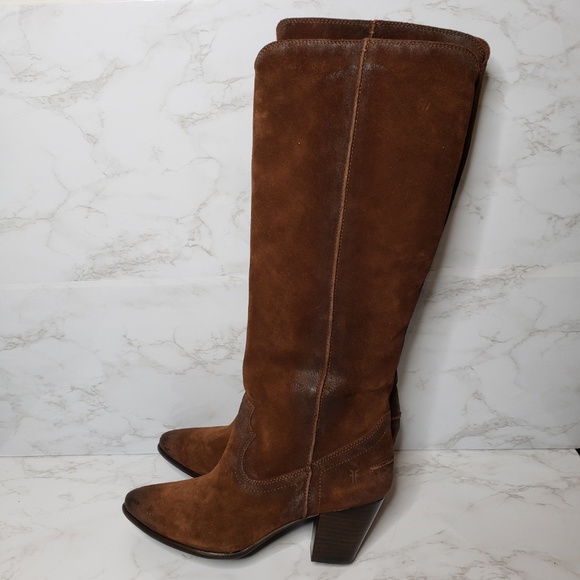 Frye Renee Seam Tall Brown Oiled Suede Boots - Picture 2 of 8